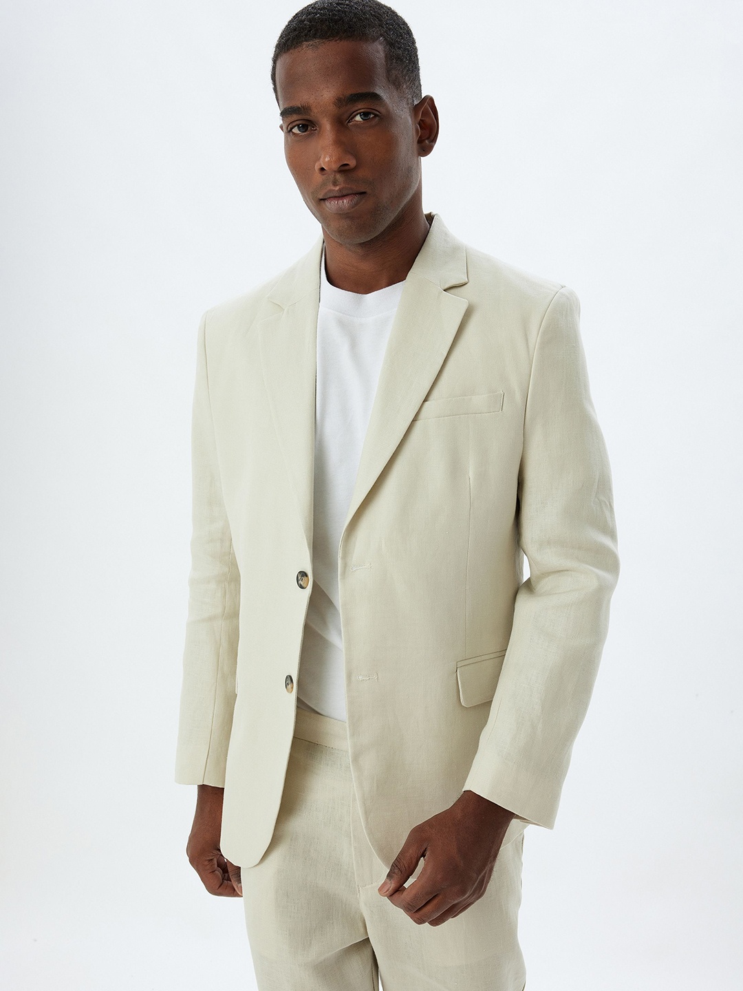 

Koton Notched Lapel Collar Linen Single Breasted Blazer, Off white