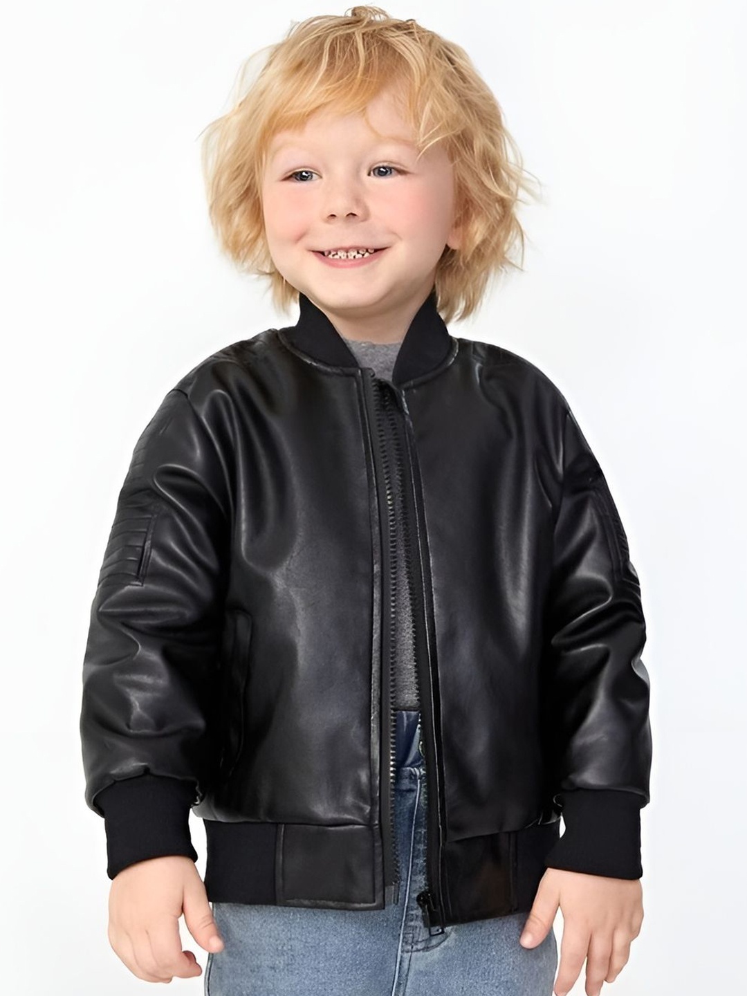 

BAESD Unisex Kids Stand Collar Solid Casual Leather Jacket, Black