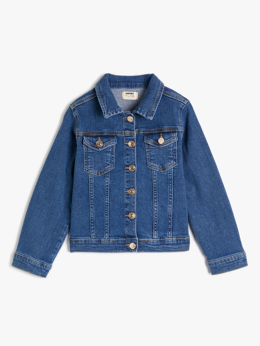 

Koton Girls Mock Collar Washed Solid Cotton Casual Denim Jacket, Blue