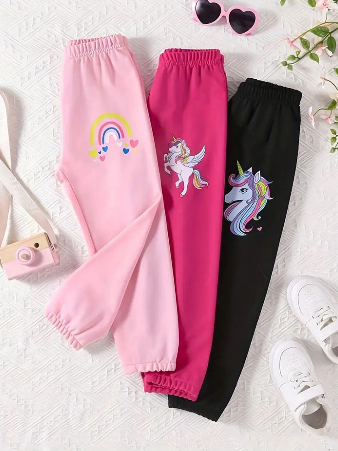 

BAESD Pack Of 3 Girls Cotton Graphic Printed Joggers, Pink