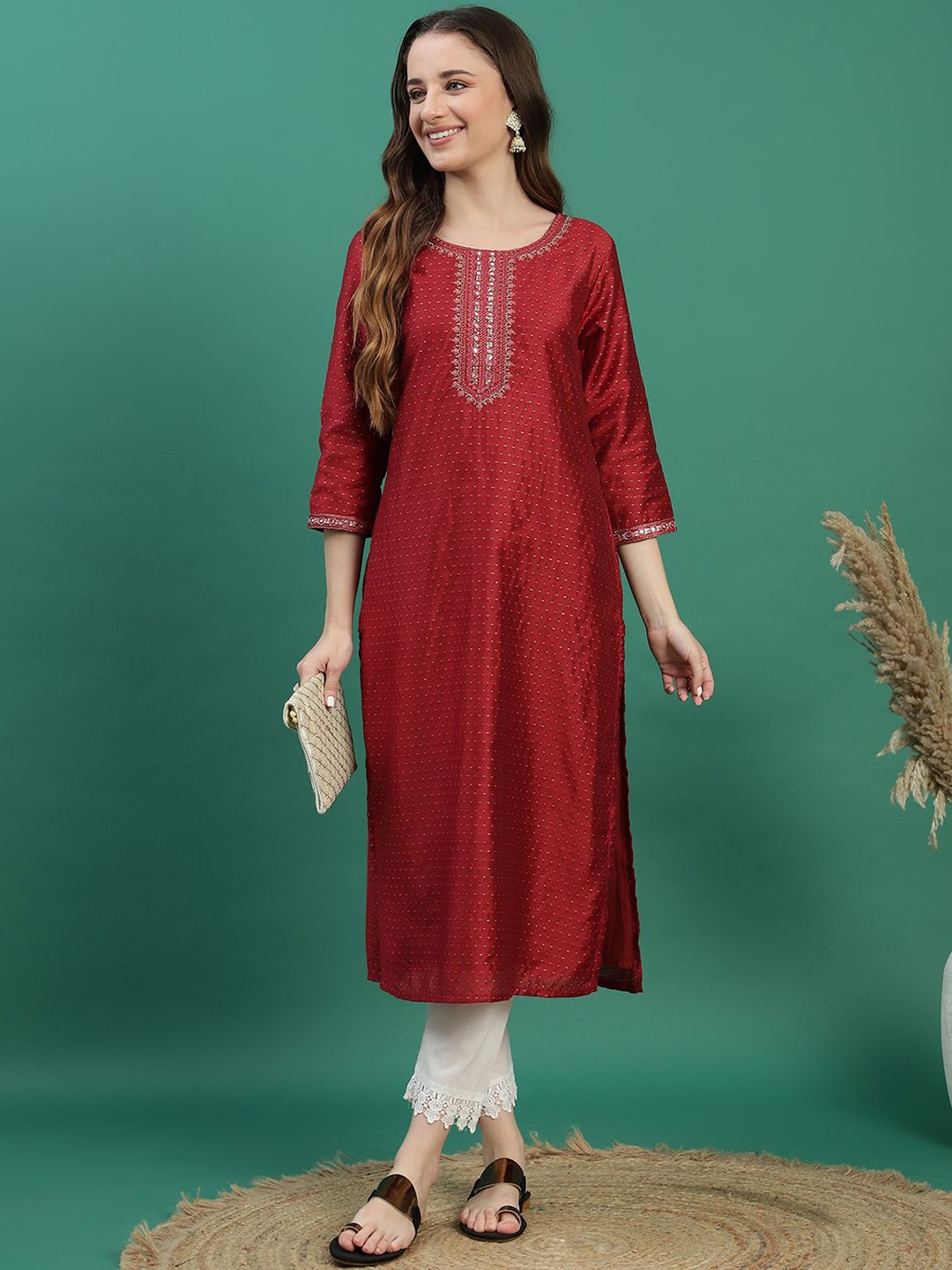 

Sangria Printed Thread Work Embroidered Straight Kurtas, Maroon
