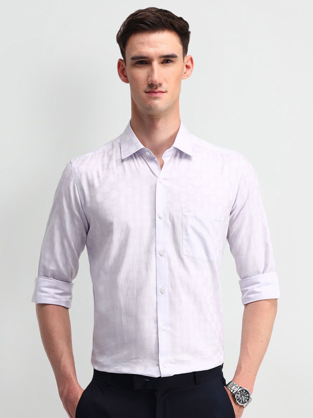 

Arrow Men Manhattan Spread Collar Tartan Checked Cotton Slim Fit Formal Shirt, Lavender