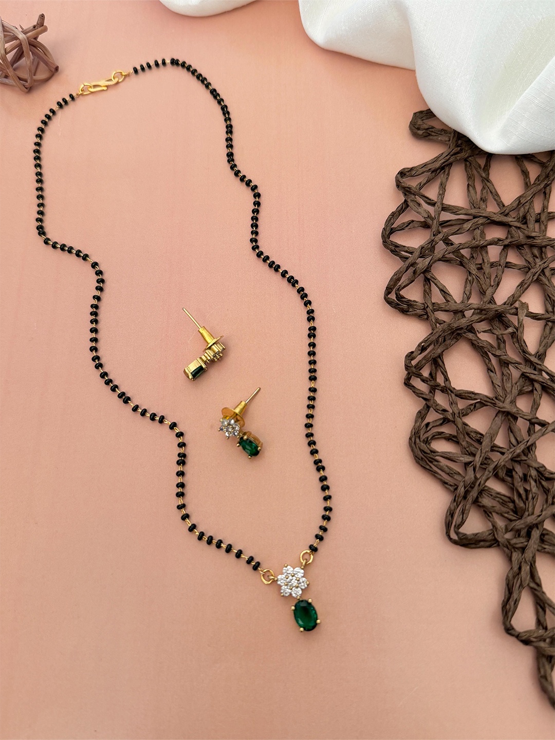 

ABDESIGNS Gold-Plated American Diamond Studded & Beaded Mangalsutra With Earrings