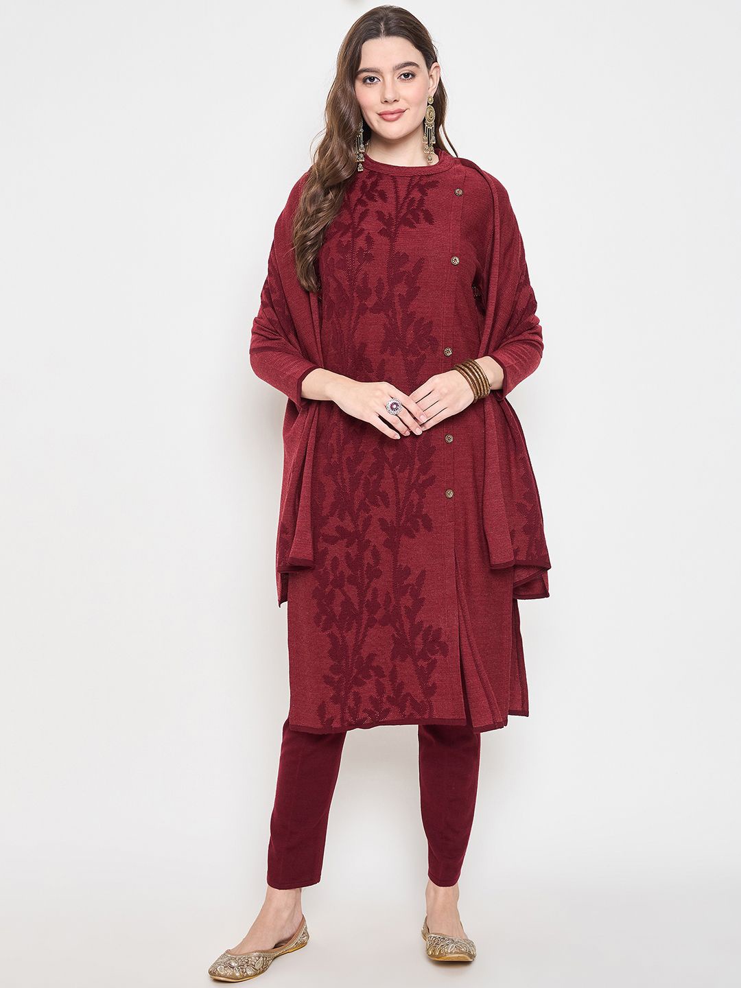 

Knitstudio Embroidered Pure Wool Kurta With Trousers & Dupatta, Maroon