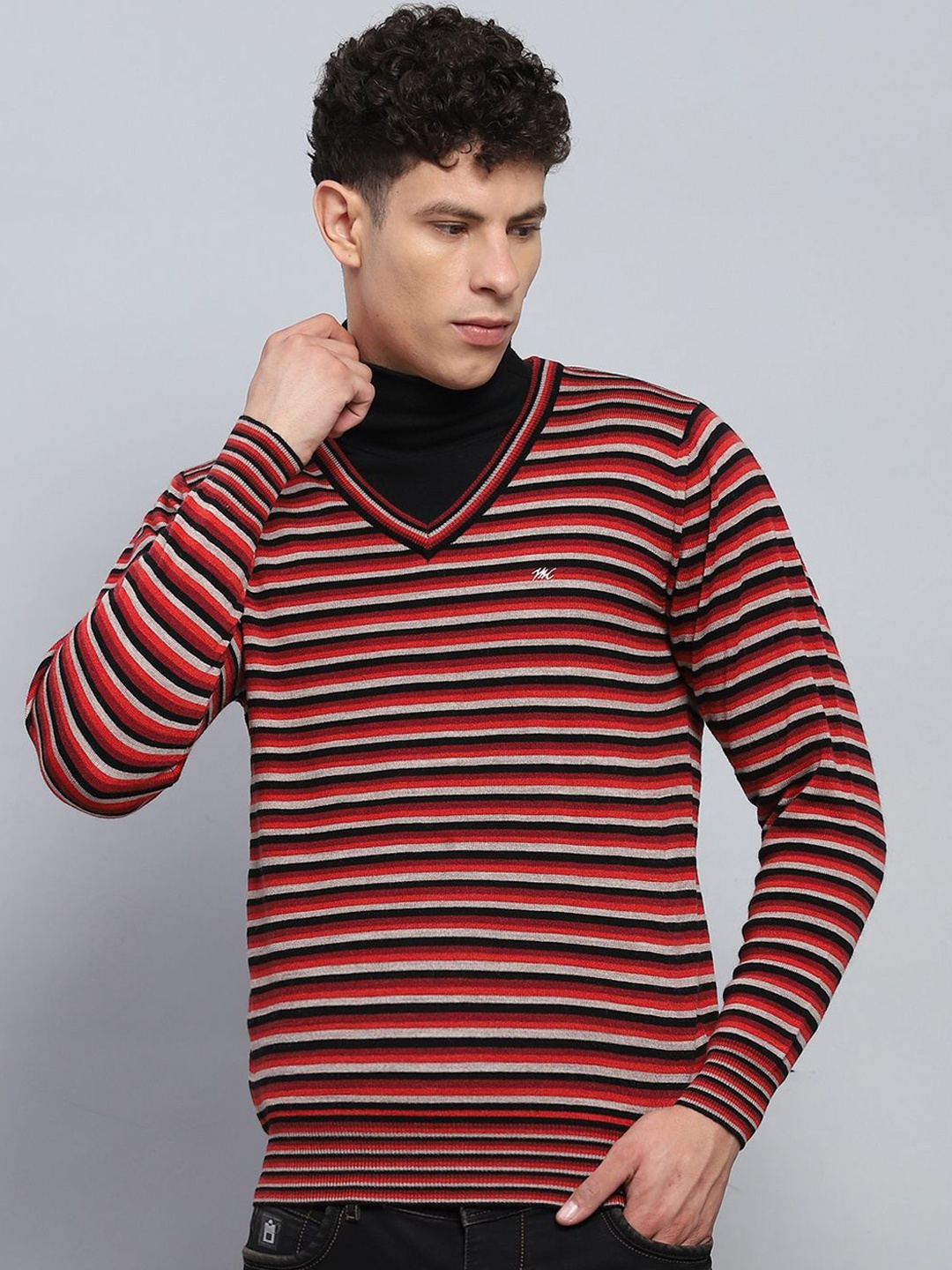 

Monte Carlo Men Striped Woollen Pullover, Red