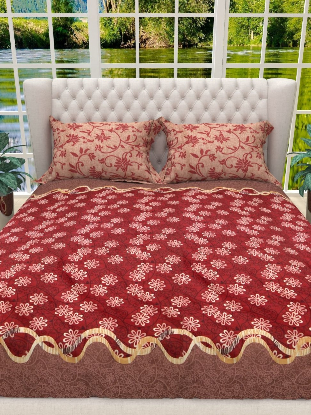 

THE WHITE MOSS Red & White 130 TC Cotton King Bedsheet with 2 Pillow Covers 2 x 2mt