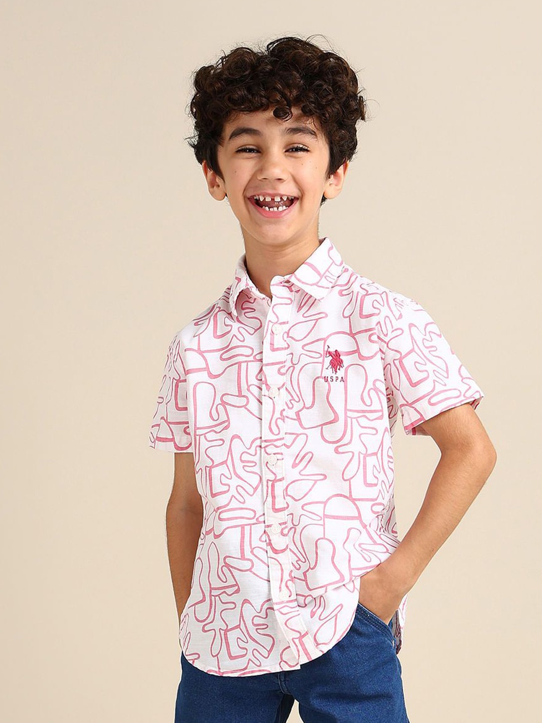 

U.S. Polo Assn. Kids Boys Classic Spread Collar Abstract Printed Cotton Casual Shirt, White