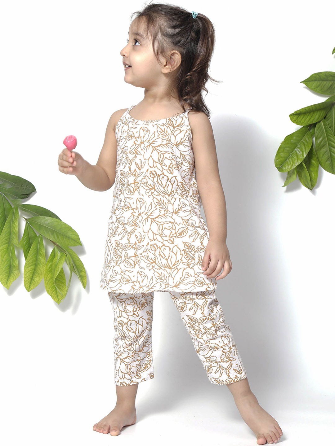 

TJORI Girls Floral Printed Regular Pure Cotton Kurti with Salwar, White