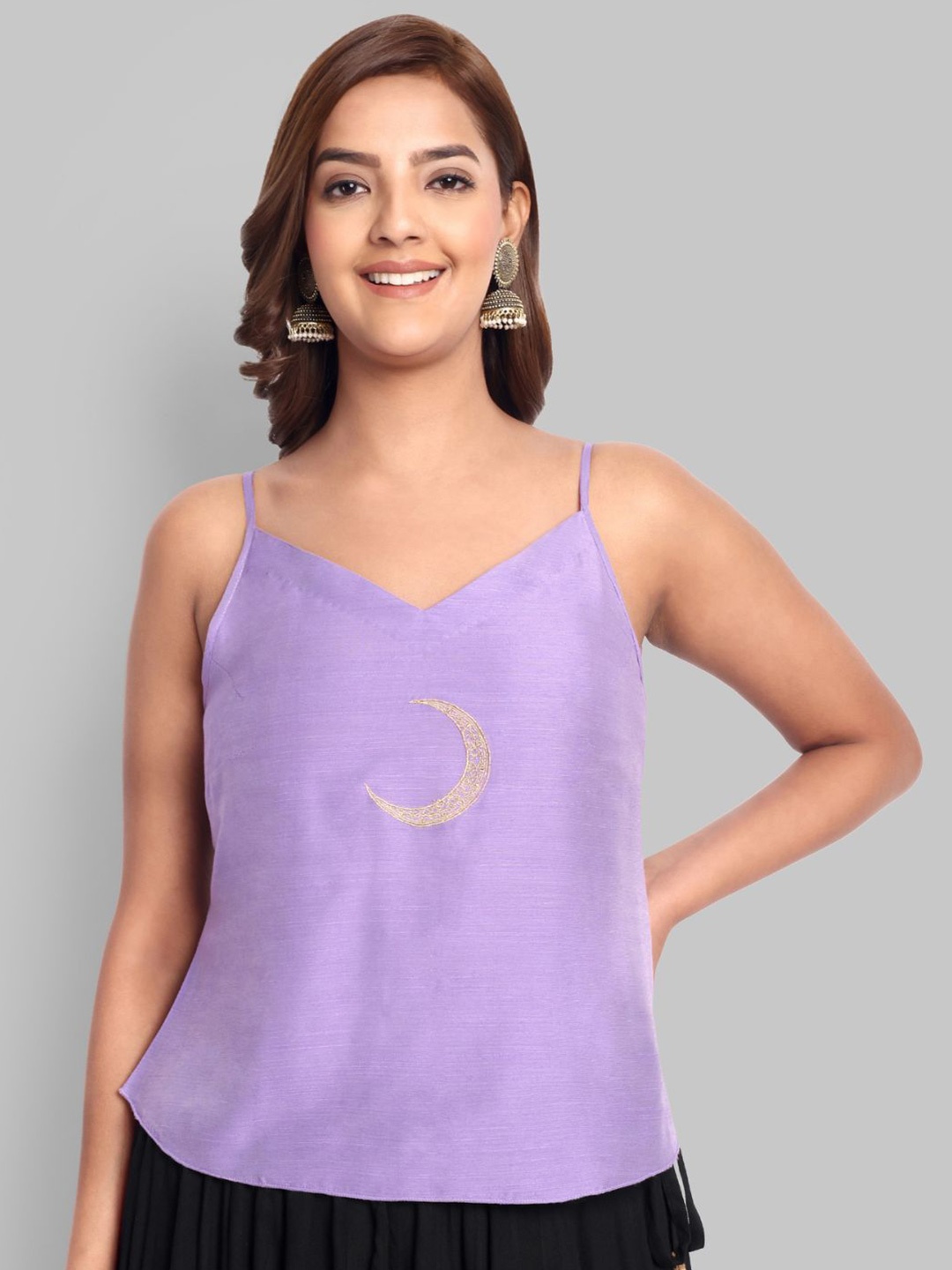 

Mera Rang Women V-Neck Embroidered A-Line Crop Top, Purple