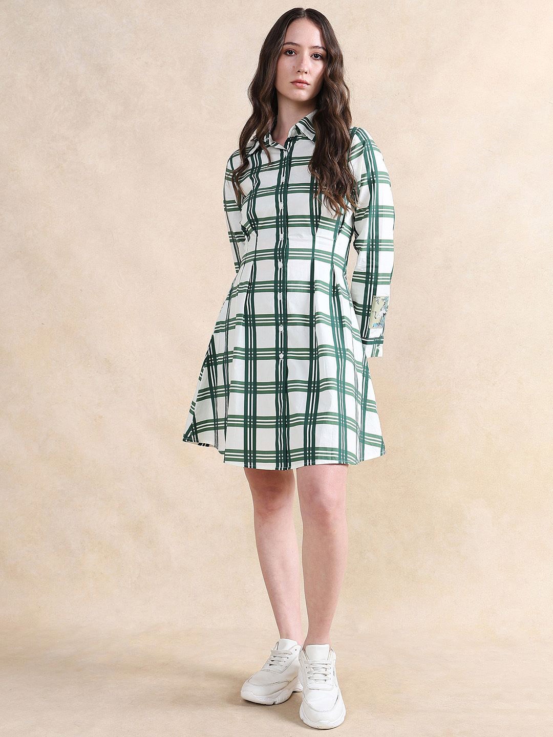 

RAREISM Checked Printed Cotton Shirt Collar A-Line Dress, White