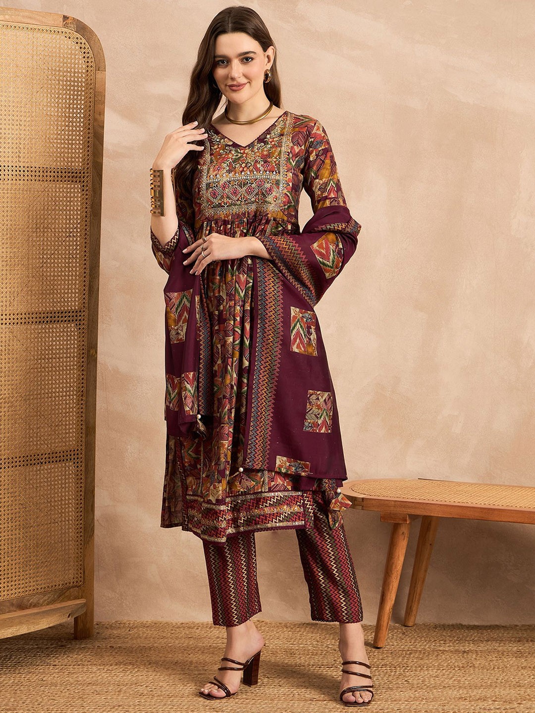 

all about you Geometric Printed Thread Work Chanderi Silk Kurta & Trouser & Dupatta, Maroon