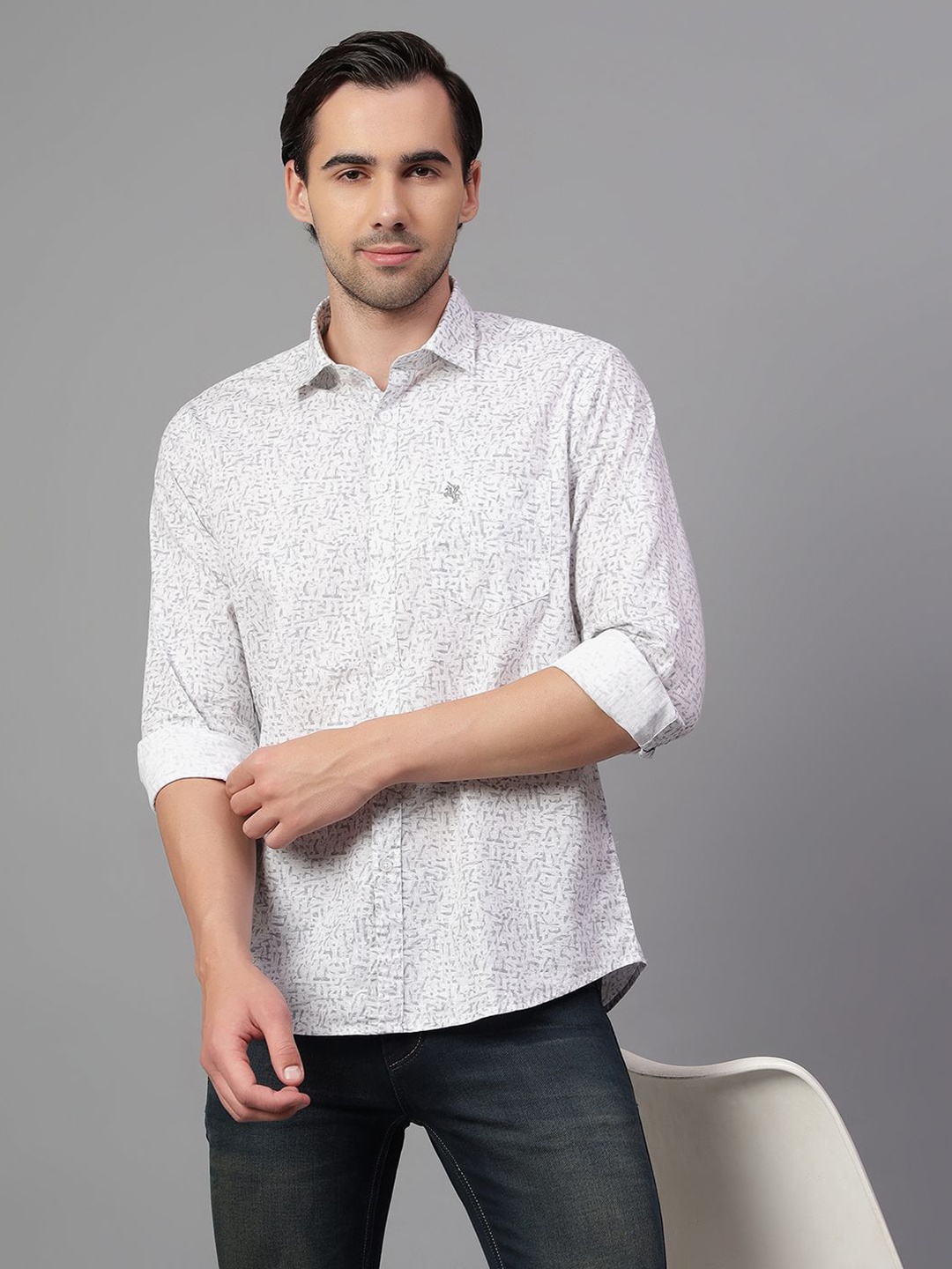 

Cantabil Men Spread Collar Abstract Printed Cotton Slim Fit Casual Shirt, White