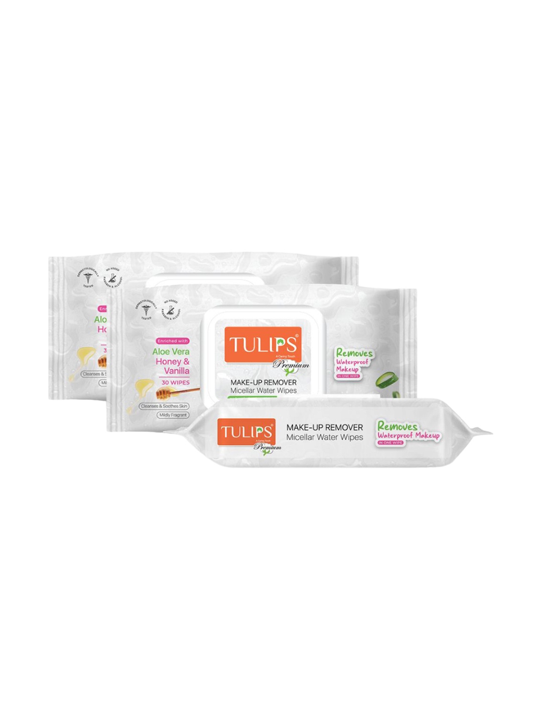 

TULIPS Premium Set Of 3 Makeup Remover Micellar Water Wipes - 30 Pcs Each, White