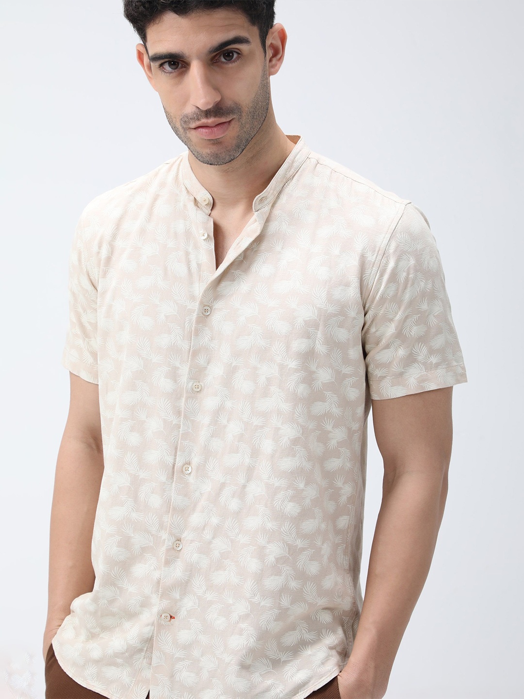 

BARE BROWN Men Band Collar Tropical Printed Cotton Slim Fit Casual Shirt, Beige