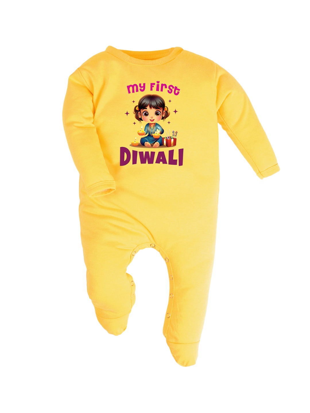 

FFLIRTYGO Unisex Infants Diwali Romper Printed Pure Cotton Baby Wear Sleepsuit, Yellow