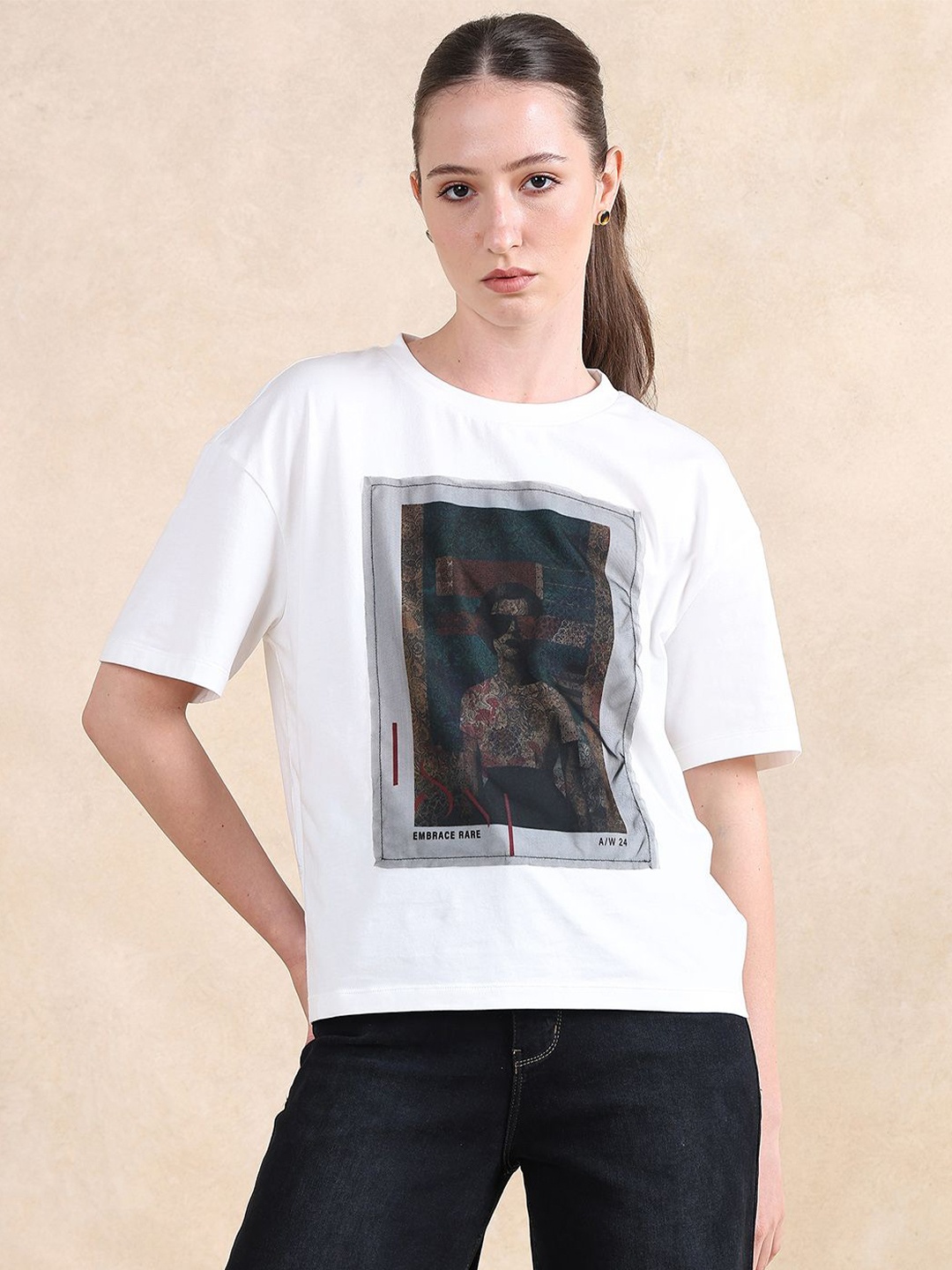 

RAREISM Women Graphic Printed Round Neck Cotton Relaxed Fit T-shirt, Off white