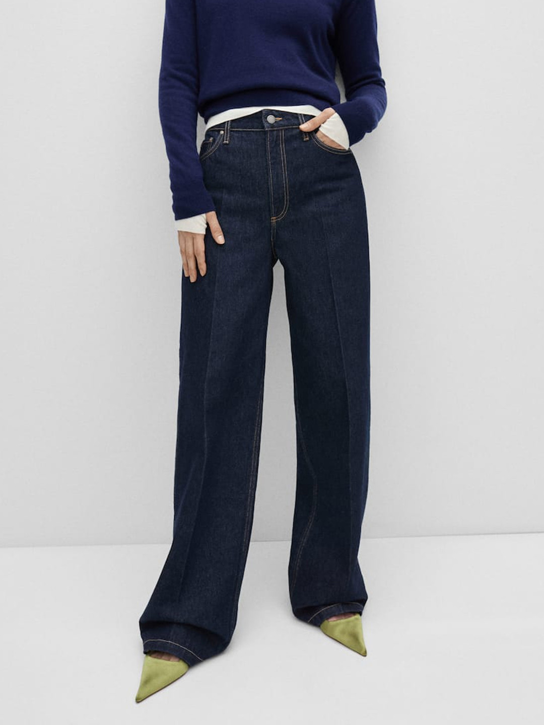

MANGO Women Wide Leg High-Rise Pure Cotton Jeans, Navy blue