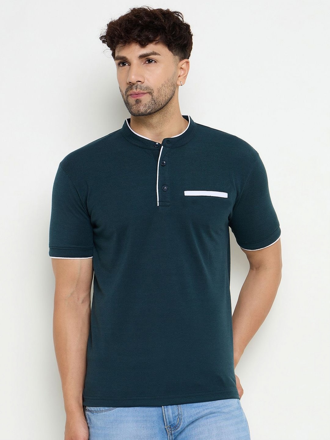 

Zigo Men Solid Mandarin Collar Cotton T-shirt, Navy blue