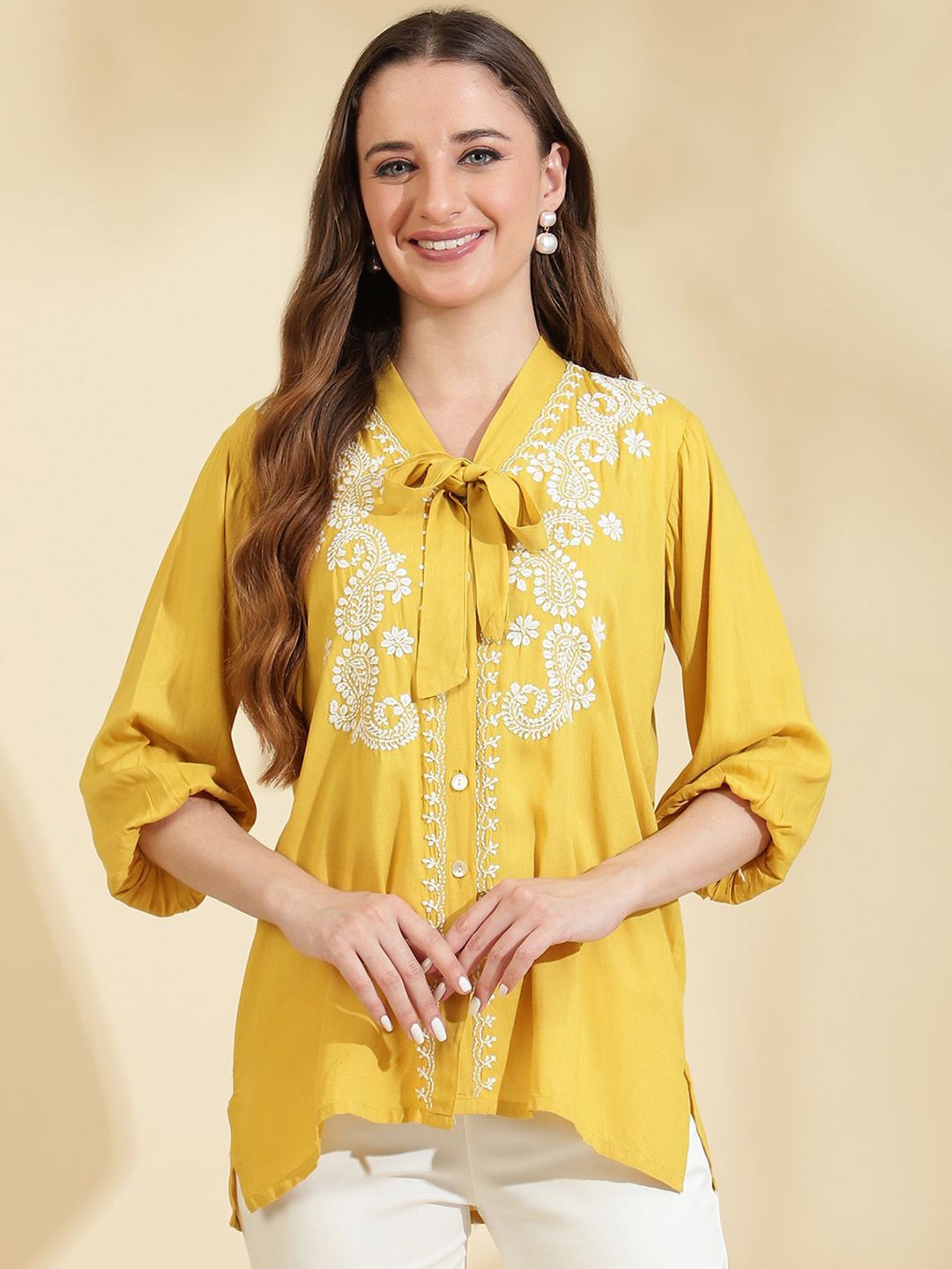 

Sringam Embroidered Tie-Up Neck Cotton Top, Yellow