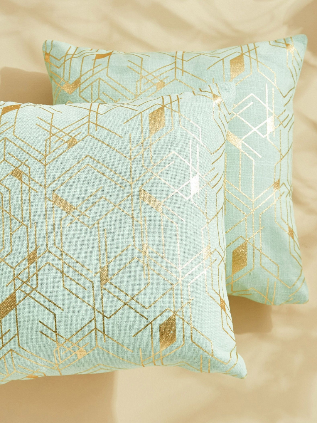 

Home Centre Green & Gold-Toned Set of 2 Geometric Square Cushion Covers