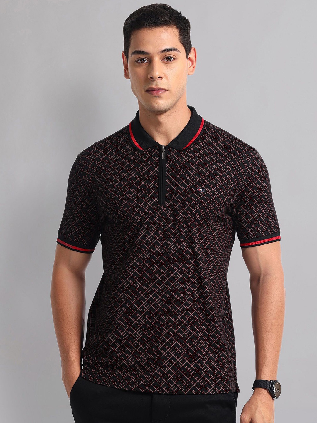

AD By Arvind Men Abstract Printed Polo Collar Slim Fit T-shirt, Black