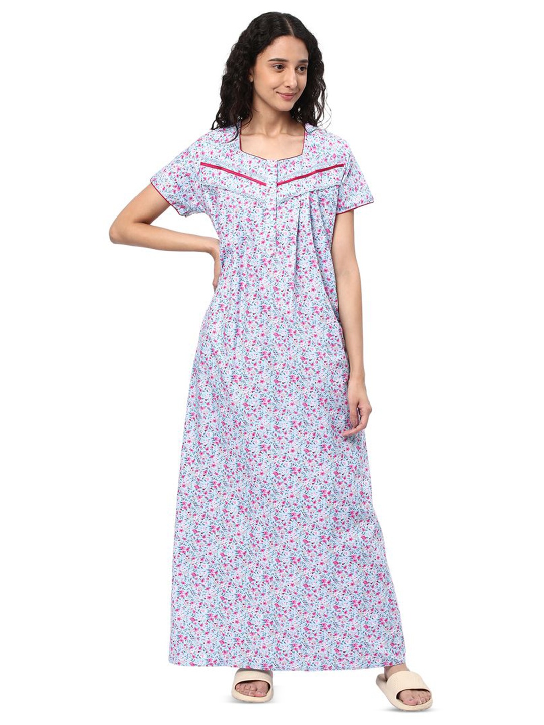 

KOVIRA Women Printed Pure Cotton Maxi Nightdress, Blue