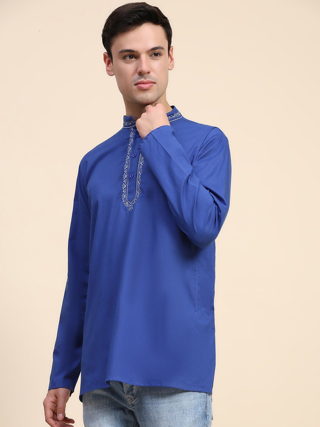 

SKAVIJ Band Collar Cotton Short Straight Kurta, Navy blue