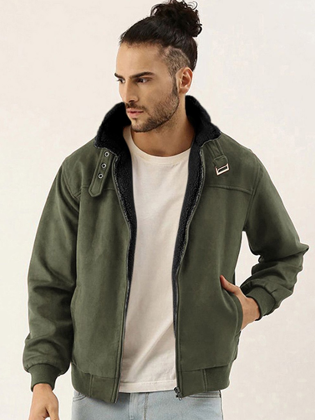 

Campus Sutra Men Mock Collar Solid Casual Bomber Jacket, Green