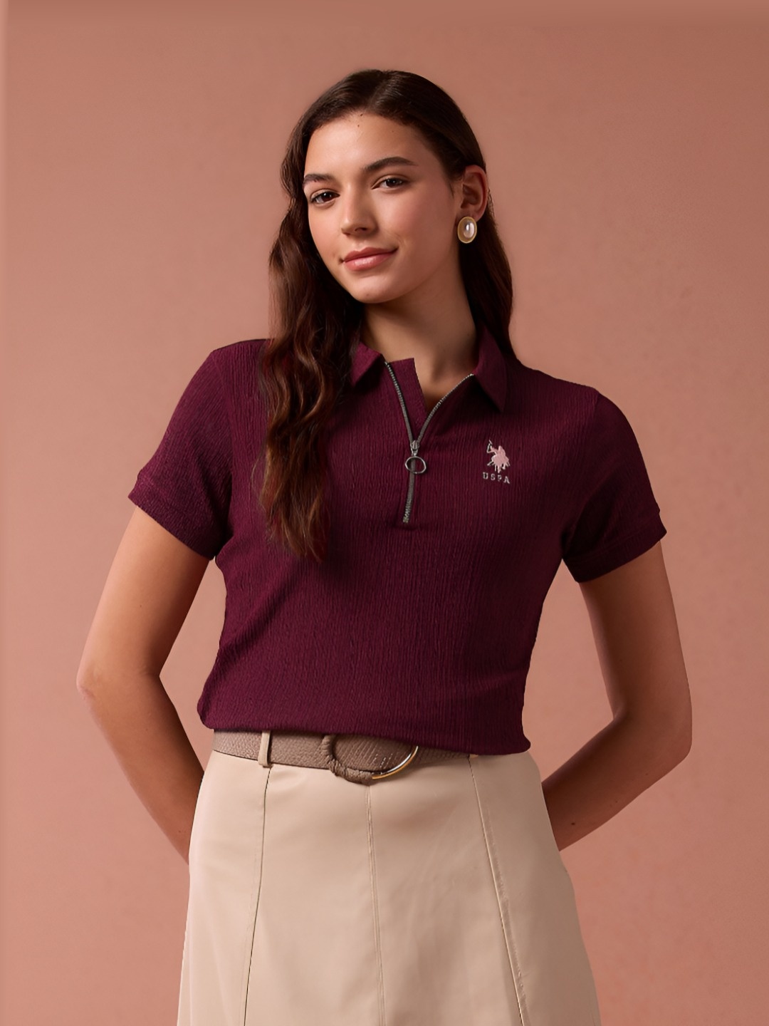 

U.S. Polo Assn. Women Self Design Polo Collar T-shirt, Maroon