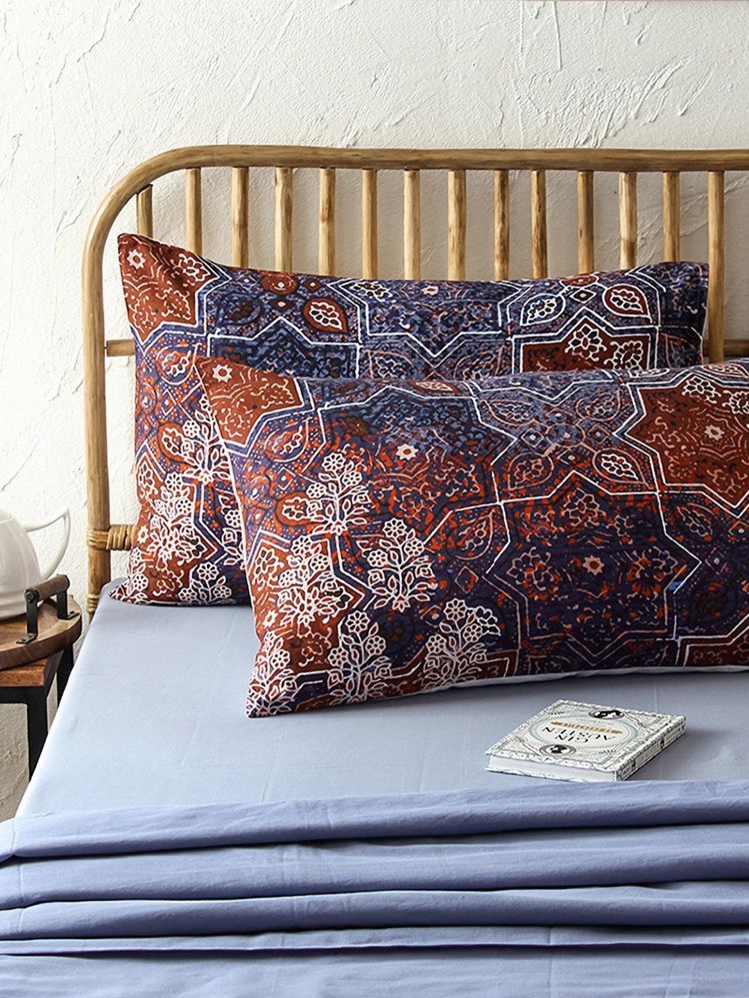 

HOMPRIN Navy Blue & Red 2 Pieces Abstract Pure Cotton Rectangle Pillow Covers
