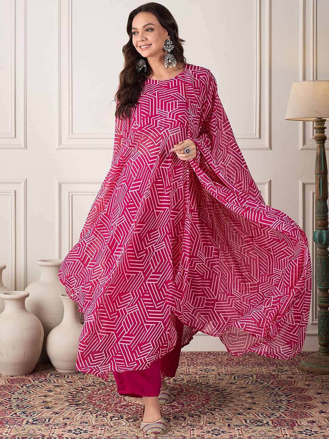 

InWeave Geometric Printed Georgette Anarkali Kurta With Trousers & Dupatta, Pink