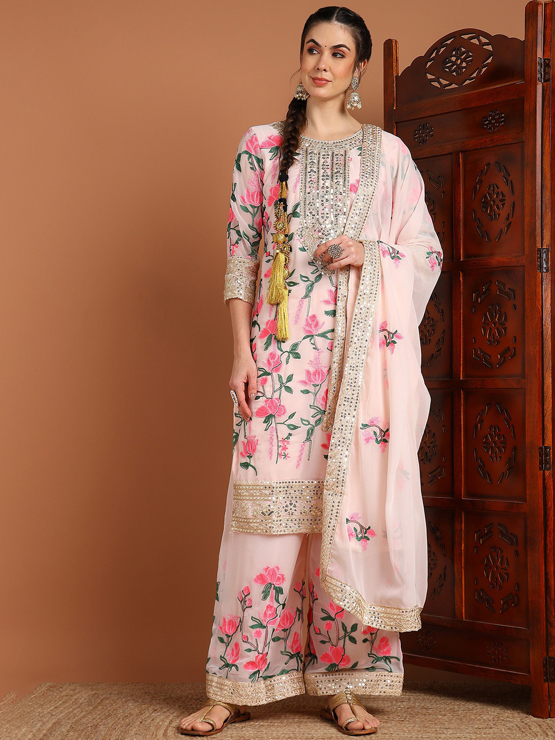 

BHARODIYA ENTERPRISES Floral Printed Straight Sequinned Kurta with Palazzos & Dupatta, Cream