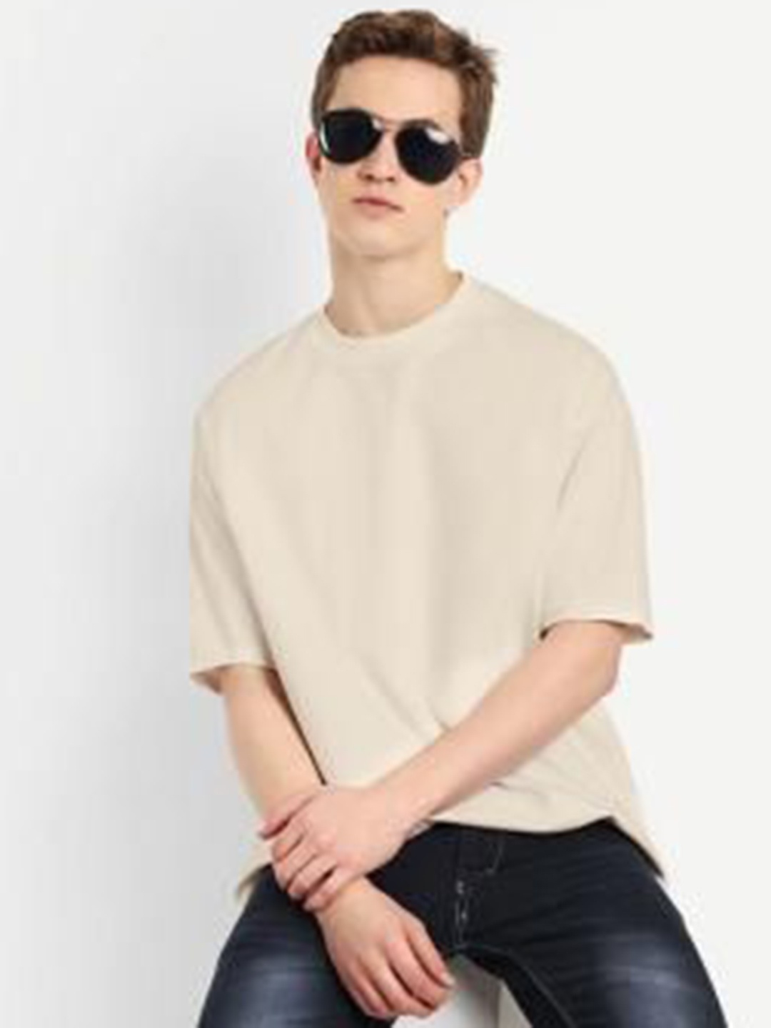 

BLURR Unisex Solid Round Neck Pure Cotton T-shirt, Cream
