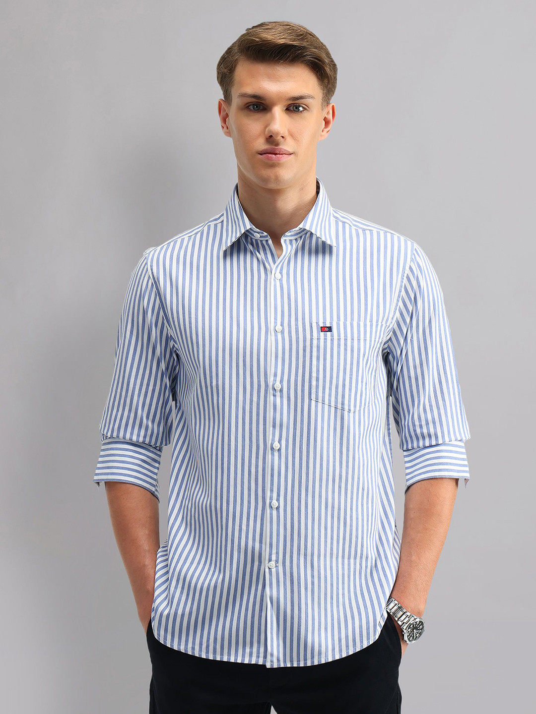 

AD By Arvind Men Spread Collar Vertical Striped Cotton Slim Fit Casual Shirt, Blue