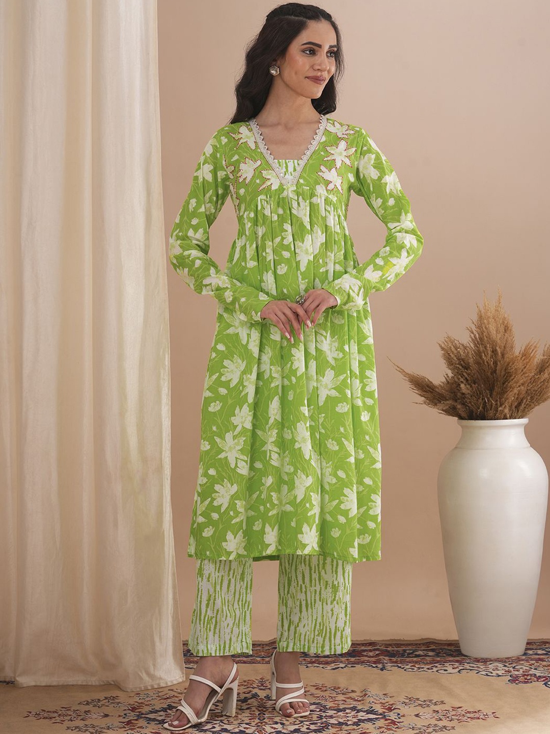 

FASHOR Floral Printed Pleated Pure Cotton A-Line Kurta With Trouser, Green