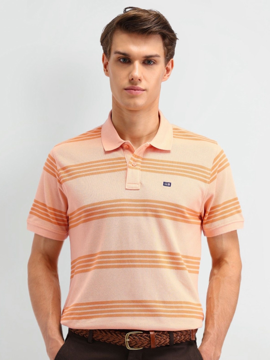 

Arrow Sport Men Brand Logo Striped Polo Collar T-shirt, Orange