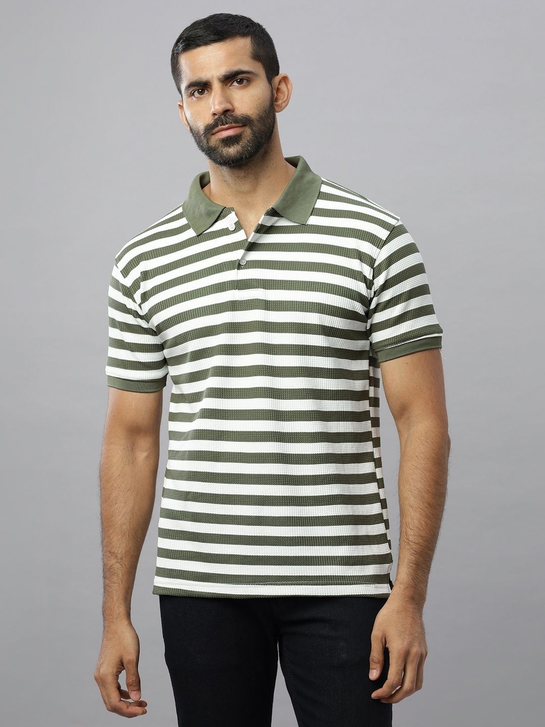 

N AND J Men Striped Polo Collar Cotton T-shirt, Olive