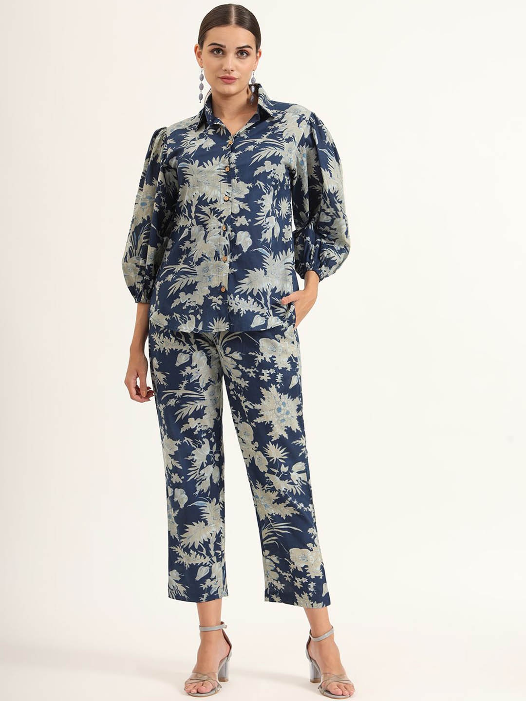 

Divena Floral Printed Shirt Collar Three-Quarter Sleeves Pure Cotton Shirt & Trouser & Top, Navy blue
