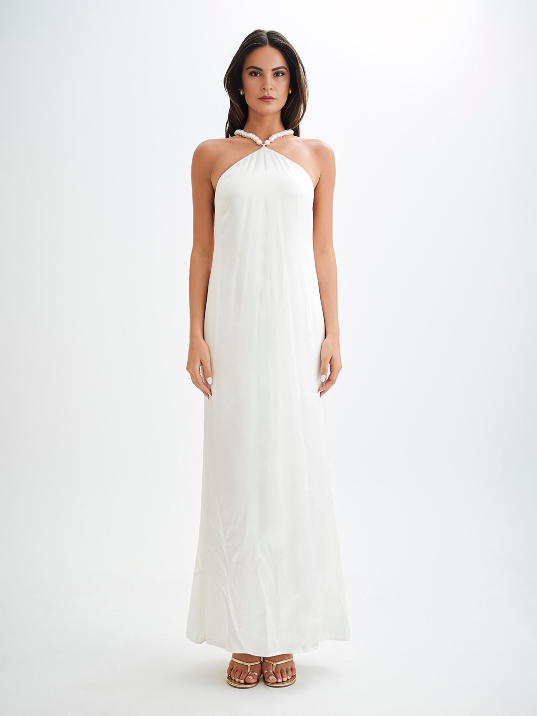 

Bee Boe Women Halter Neck Satin Maxi Dress, White