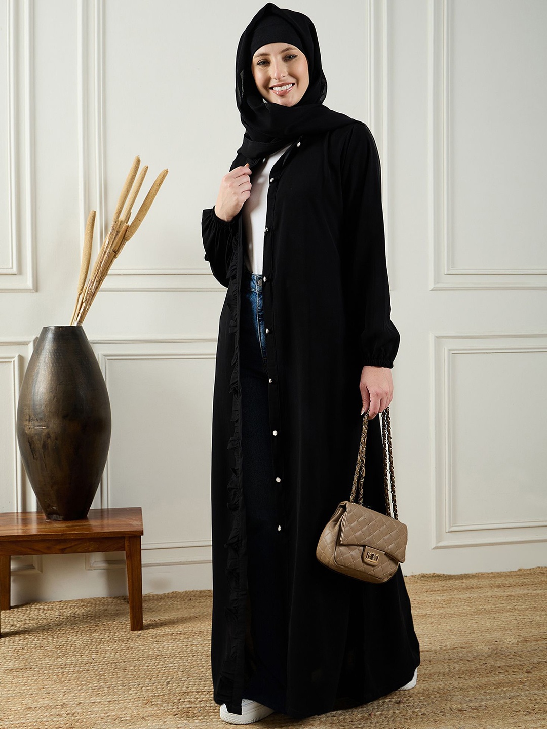 

NABIA Front Open Ruffle Black Abaya Burqa