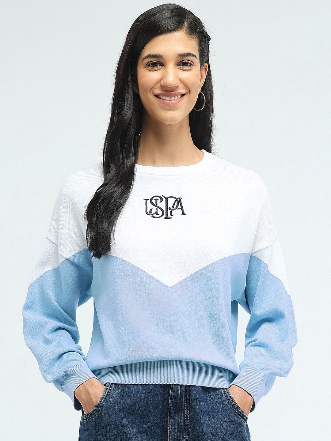 

U.S. Polo Assn. Women Women Typography Colourblocked Pullover, Blue