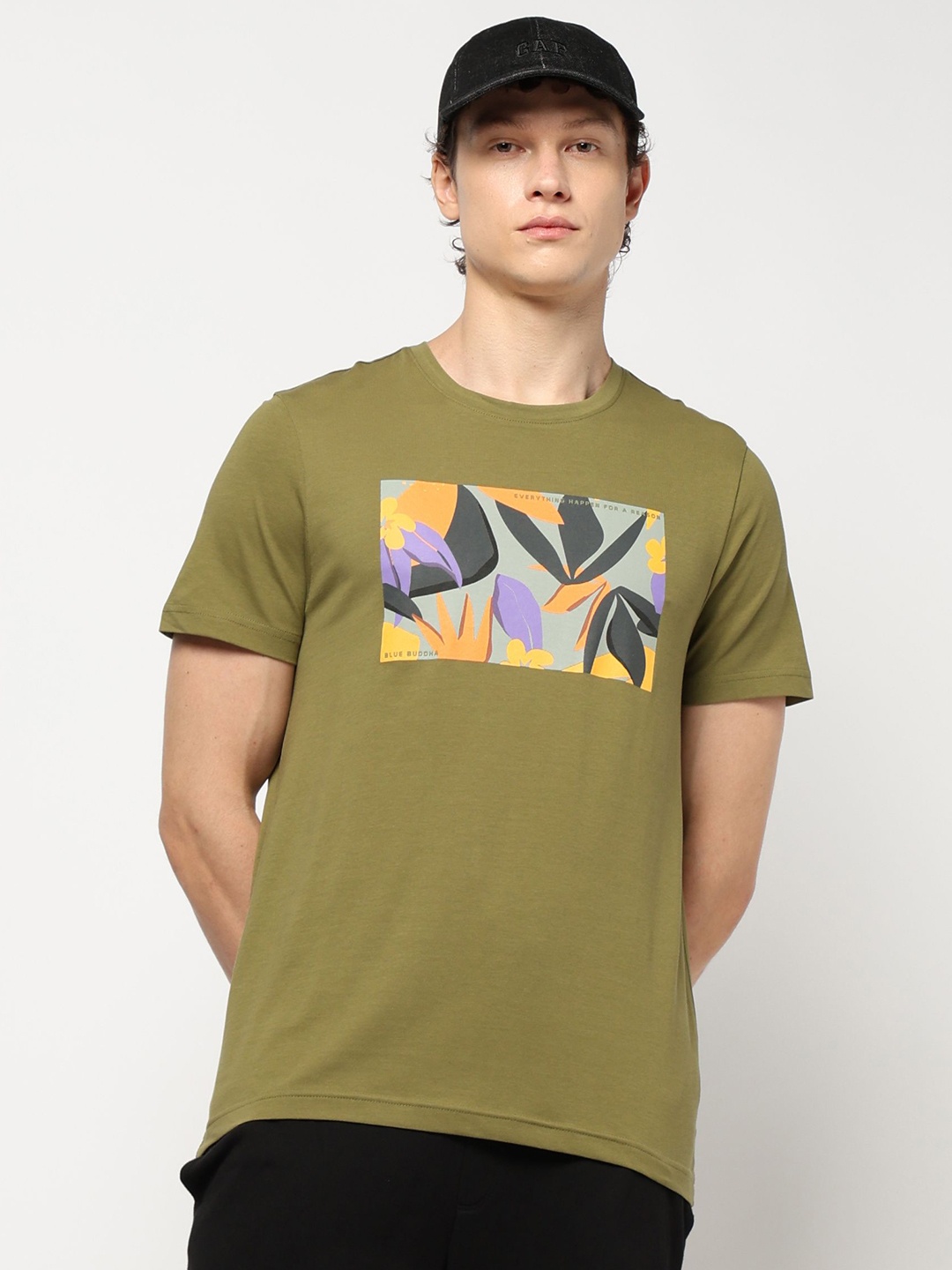 

Blue Buddha Men Graphic Printed Round Neck Cotton Relaxed Fit T-shirt, Olive