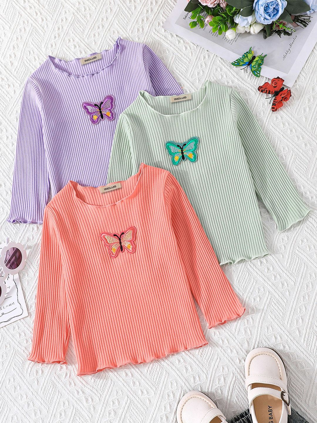 

INCLUD Girls Butterfly Patchwork Full Sleeves Top, Green