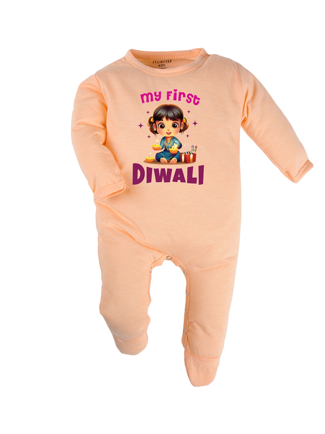 

FFLIRTYGO Kids Diwali Special Printed Pure Cotton Sleepsuit, Peach