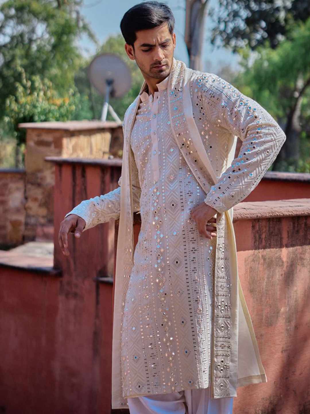 

Ankit V Kapoor Geometric Embroidered Silk Georgette Straight Kurta with Patiala & Dupatta, Off white