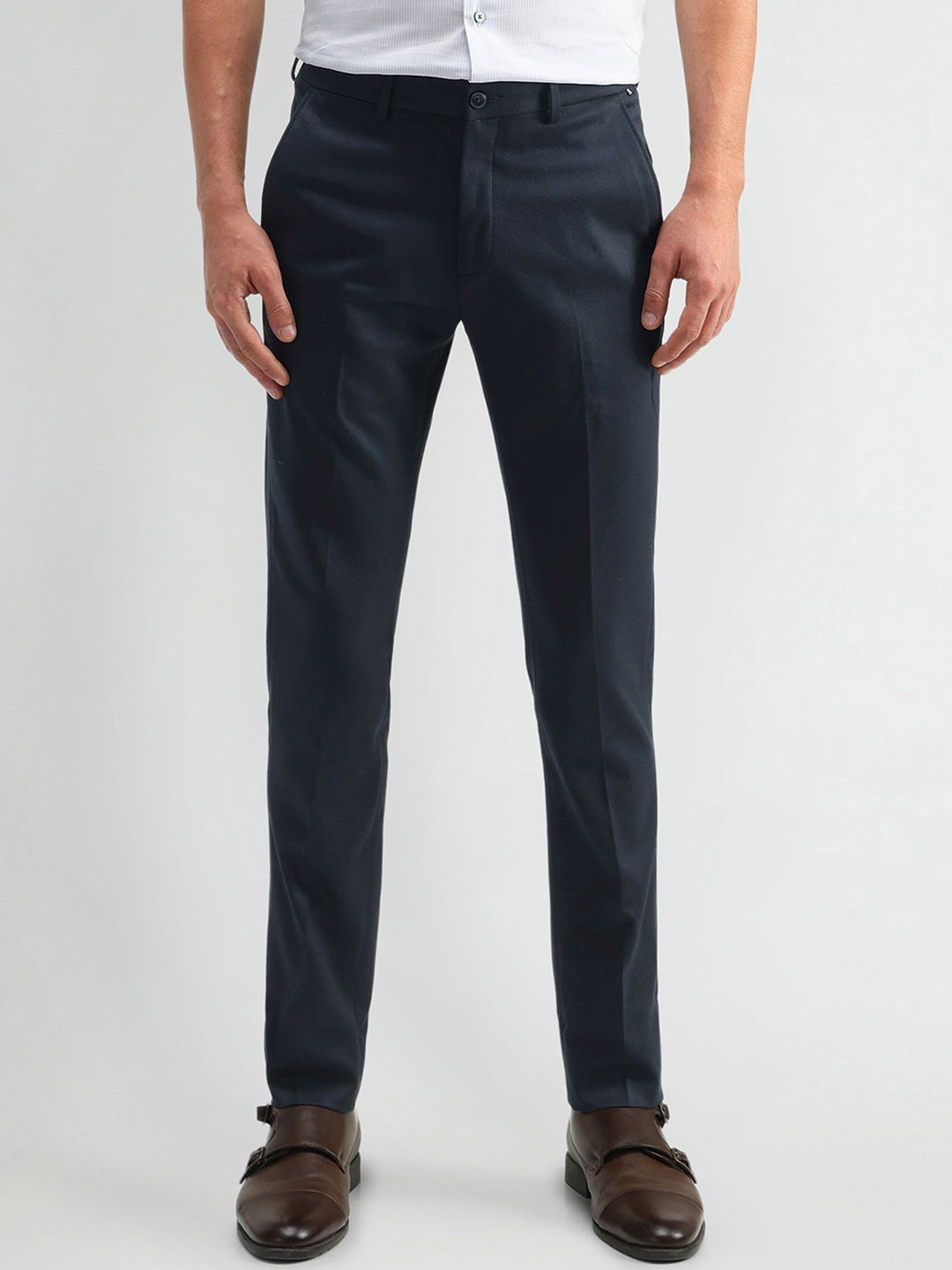 

Arrow New York Men Textured Urban Slim Slim Fit Trousers, Navy blue