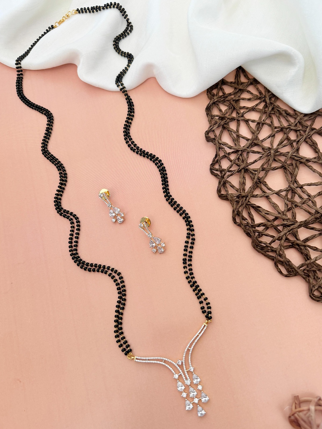 

ABDESIGNS Gold-Plated American Diamond Studded & Beaded Mangalsutra