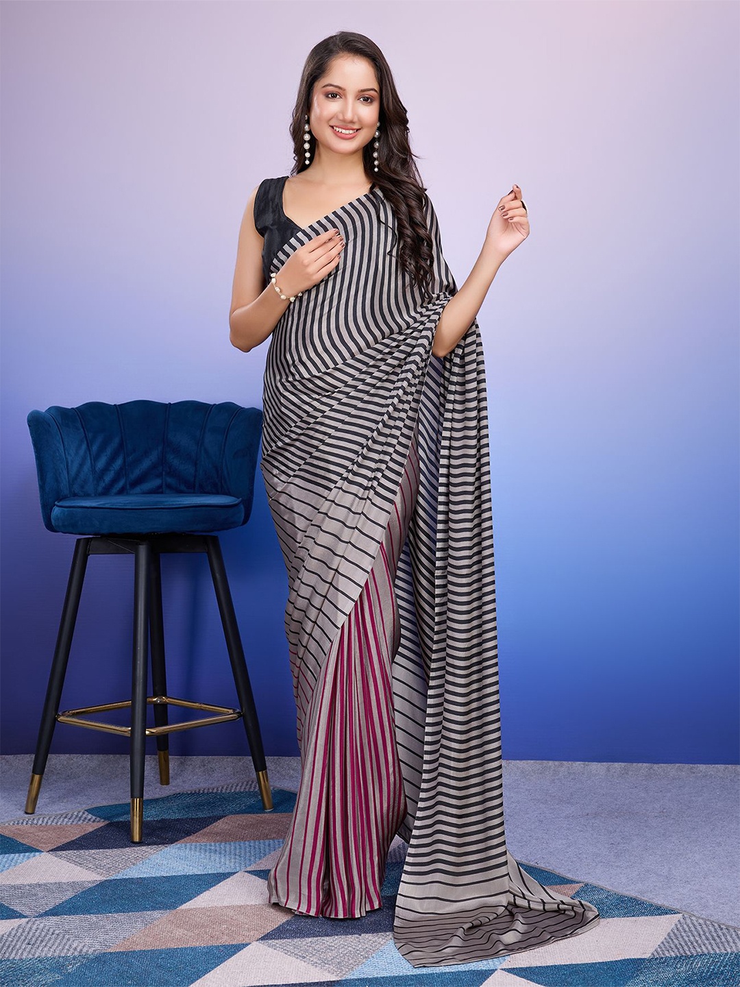 

RACHNA Striped Satin Saree, Silver