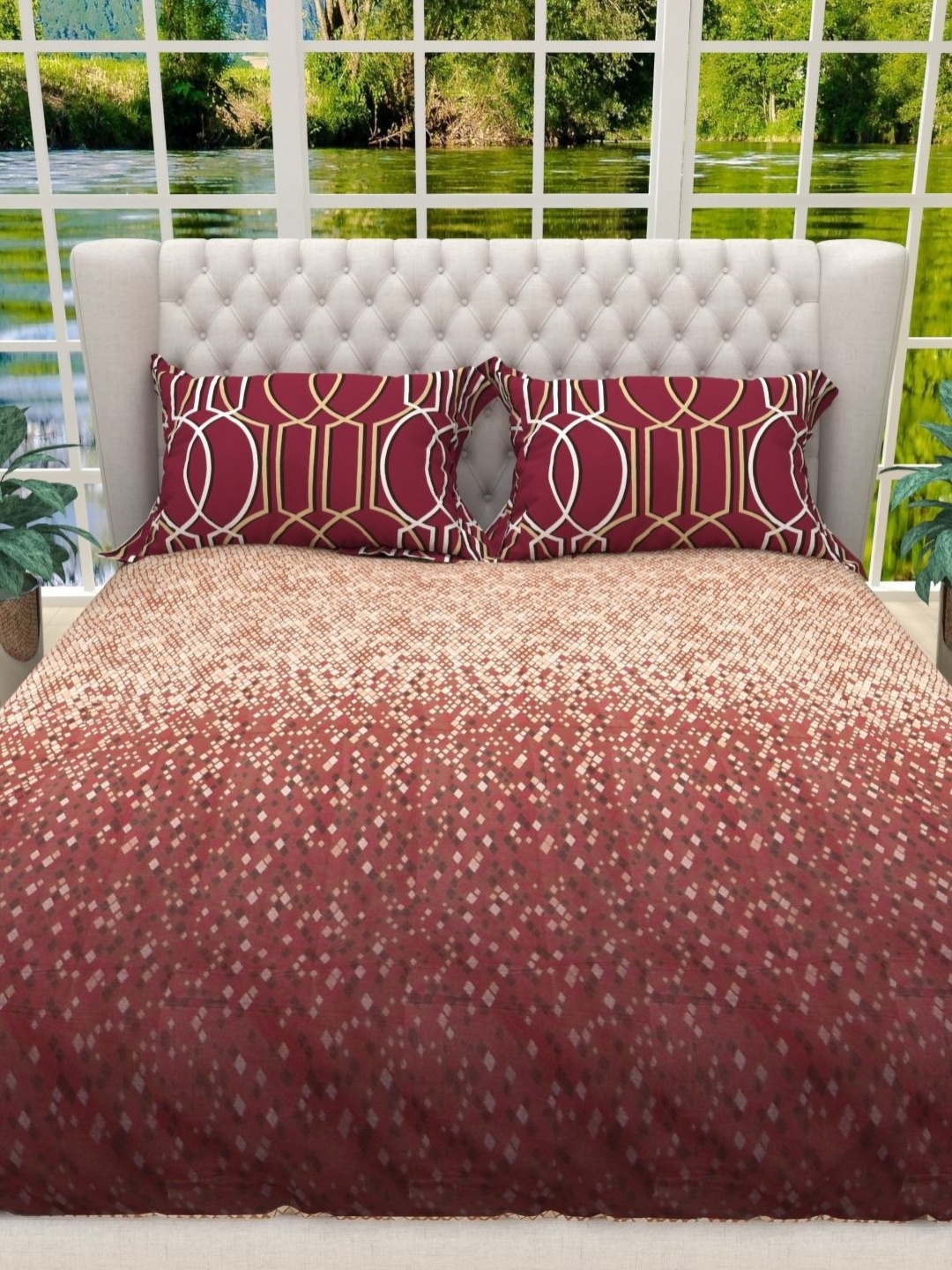 

THE WHITE MOSS Maroon & Beige 130 TC Cotton King Bedsheet with 2 Pillow Covers 2 x 2mt