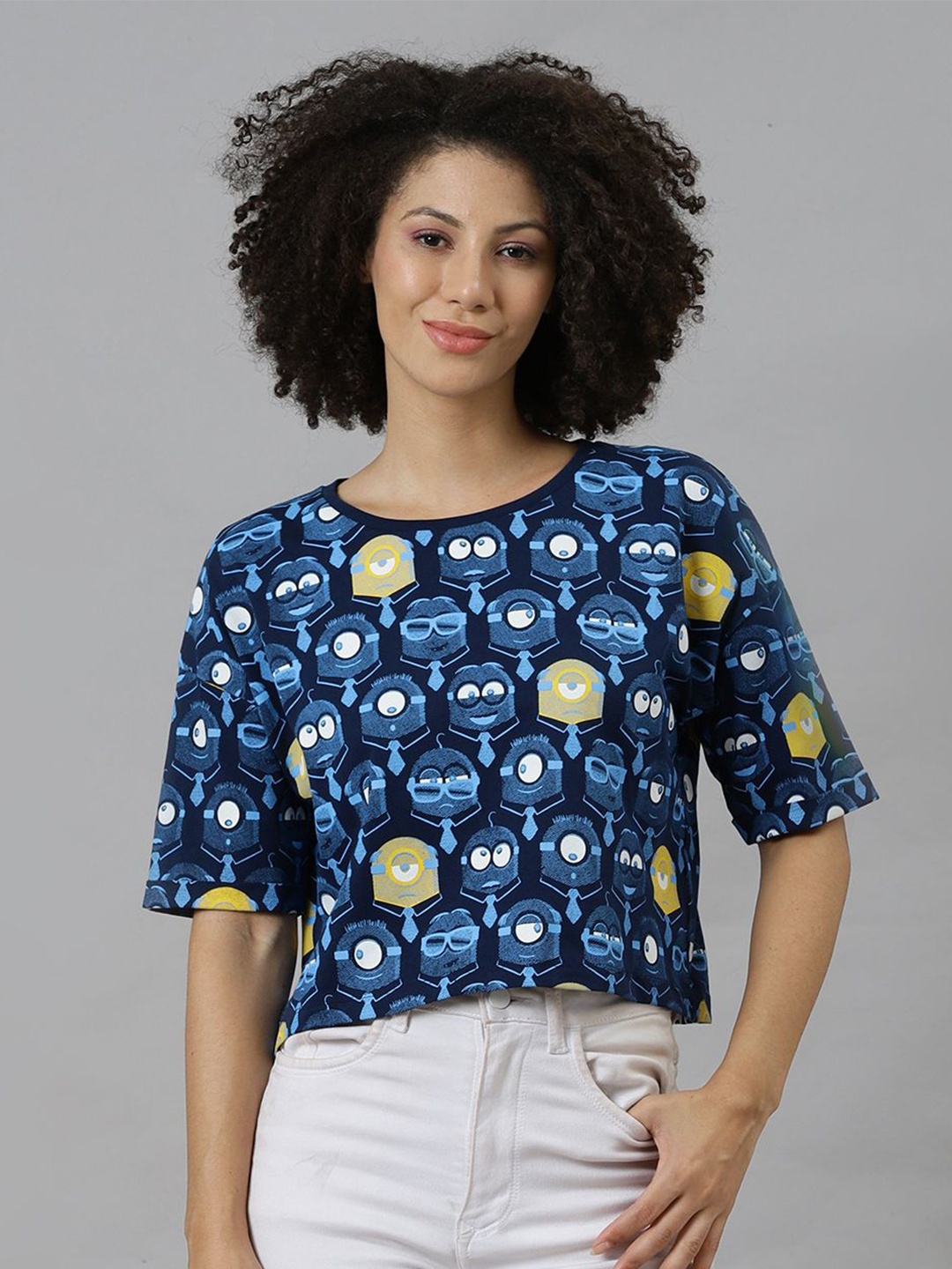 

Free Authority Women Minions Graphic Printed Round Neck Cotton Boxy T-shirt, Blue